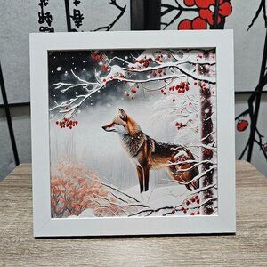 8x8 Framed Fox Winter Landscape Trees Watercolor Oil Painting Print